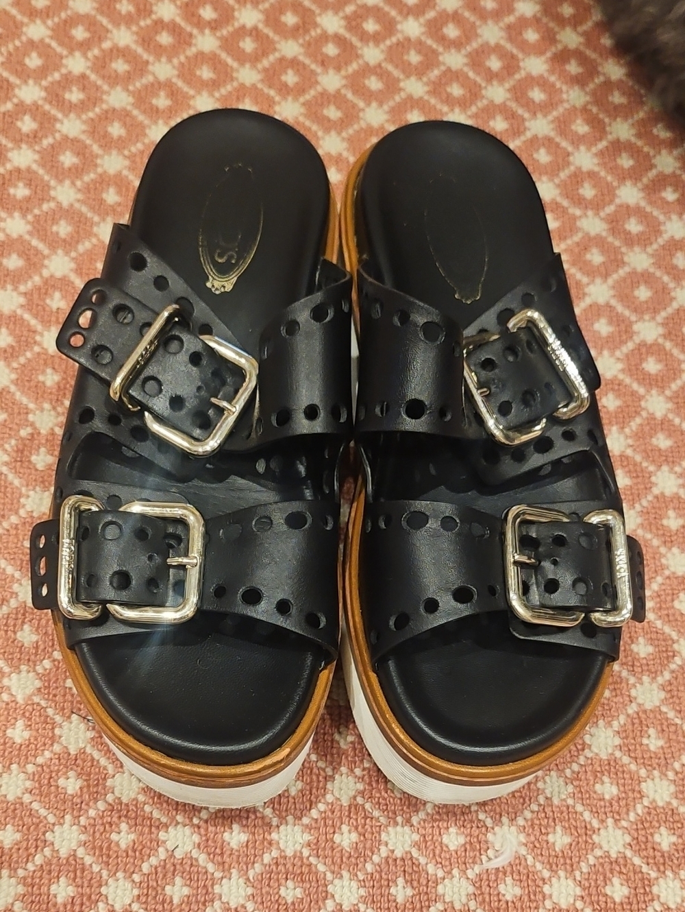 TOD'S Black Platform Slide Sandals with Gold Buckles